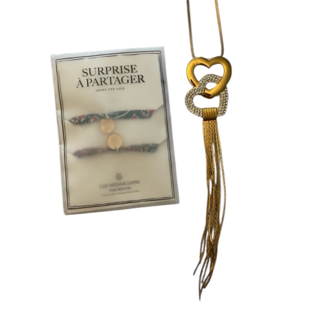 Sezane Ribbon Bracelet Medallion Brand New & Gold Heart Pendant Tassel Necklace